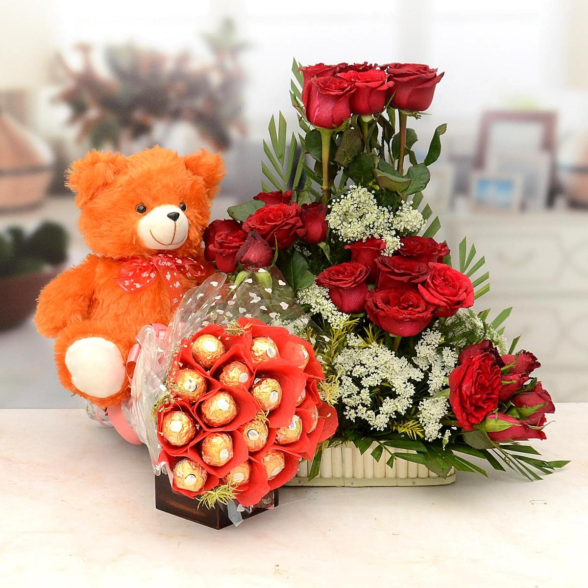 Teddy, Choco Bouquet, Rose Flowers to Vadodara