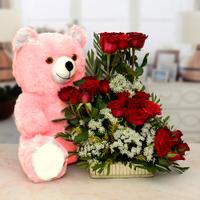 Teddy Bear & Red Rose Basket