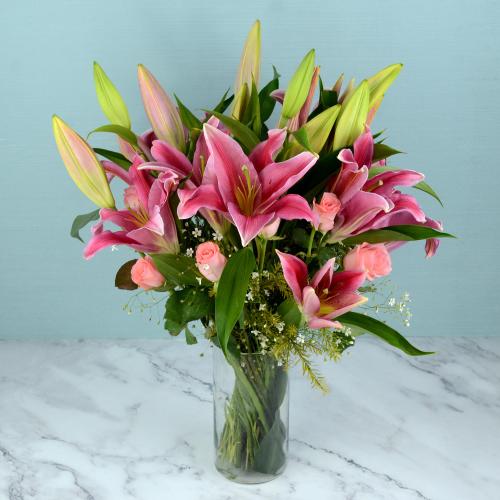 Roses & Lilies in Glass Vase