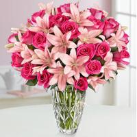 24 Pcs Rose & 12 Pcs Pink Lily in a Vase