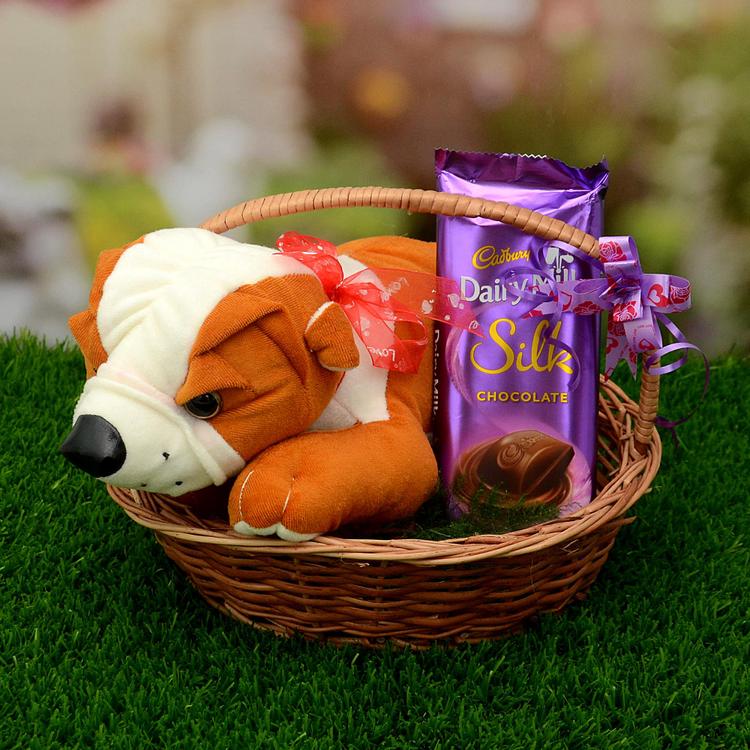 Silk, Puppy in Basket