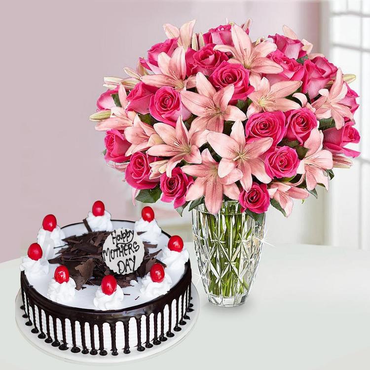 Cake, Rose & Lilies In Vase