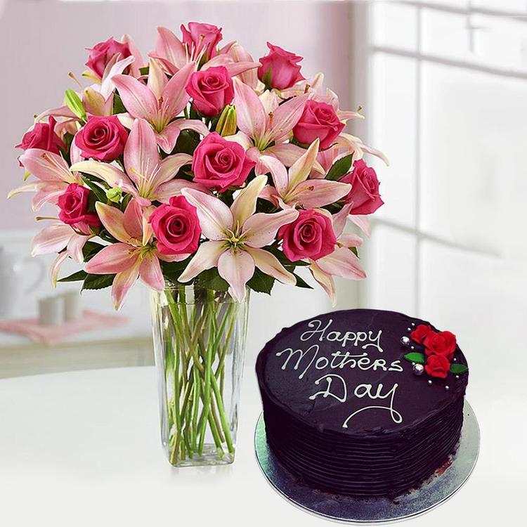 Chocolate Cake, Roses & Lilies