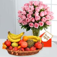 Roses in Vase & Fruit Basket
