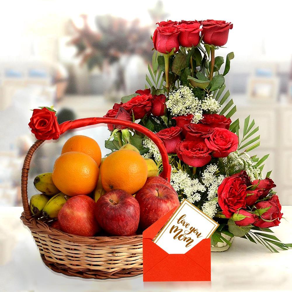 Roses & Tasty Fruit Basket Mother's Day Flowers & Fruits