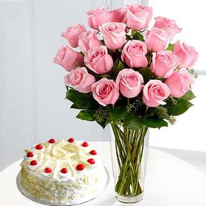 White Forest Cake & Pink Rose White Forest Cake & Pink Rose