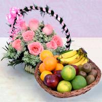 Pink Roses & Healthy Fruit Basket