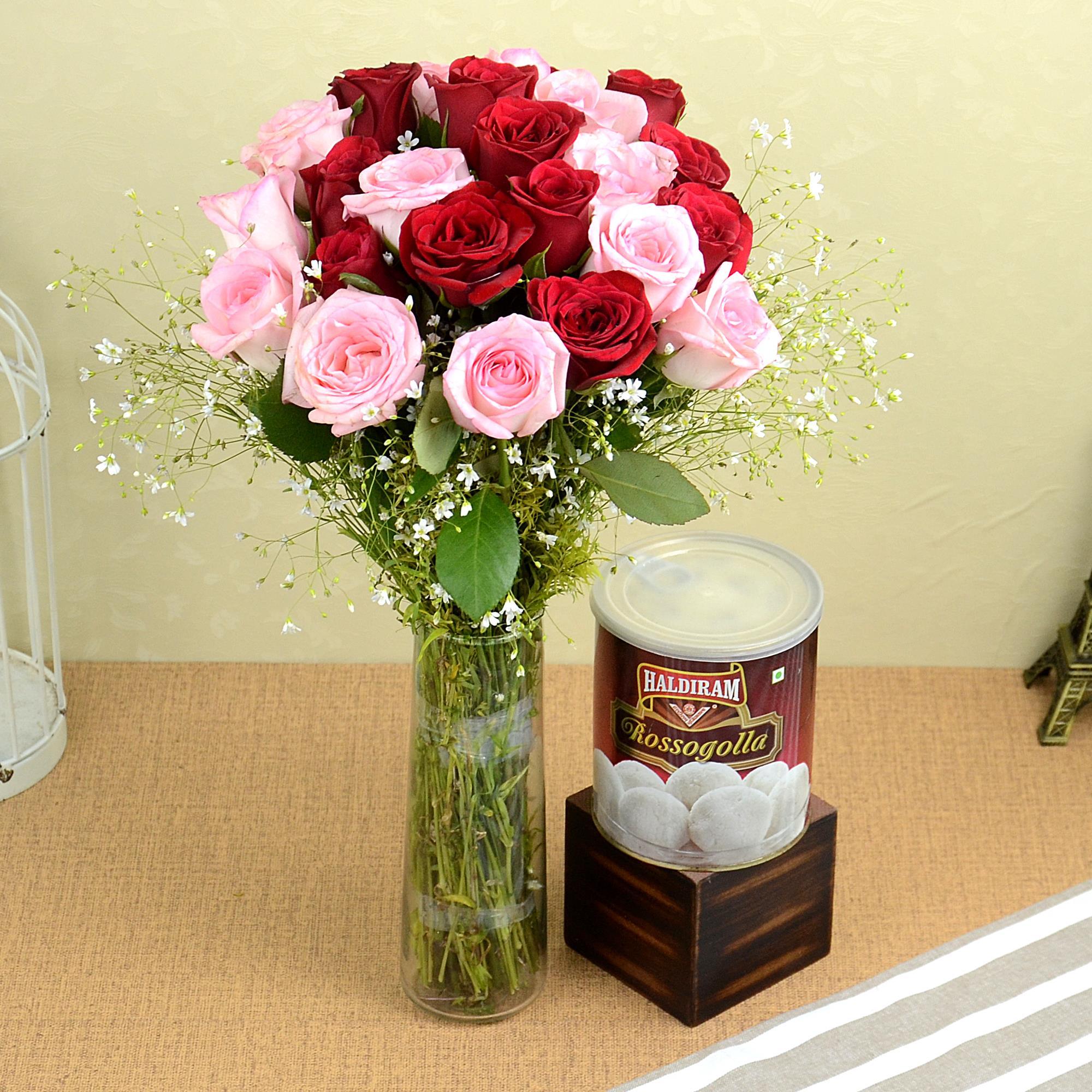 Rasgulla with Roses in Vase