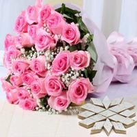 Kaju Barfi & Pink Roses