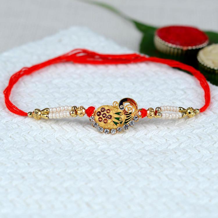 Metal Peacock with Beads and Stones Rakhi