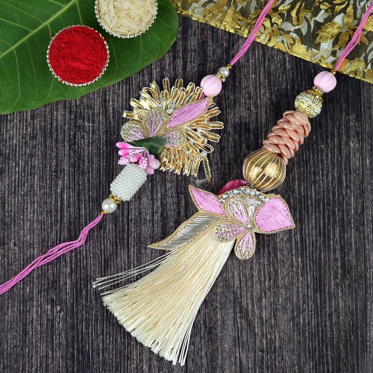 Golden and Pink Zardosi Rakhi and Lumba set