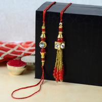 Golden and Red Rakhi and Lumba Stone set