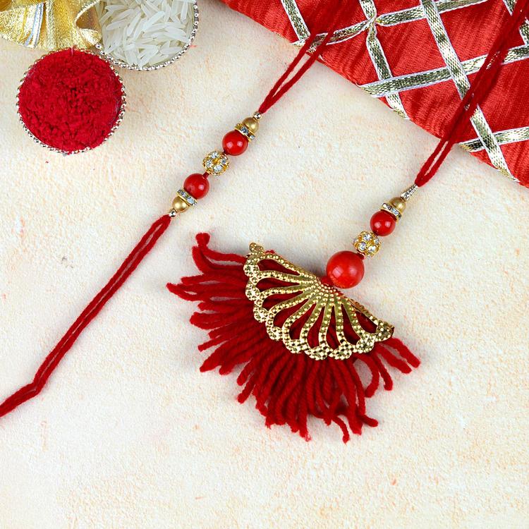 Red Wooly Rakhi and Lumba Set