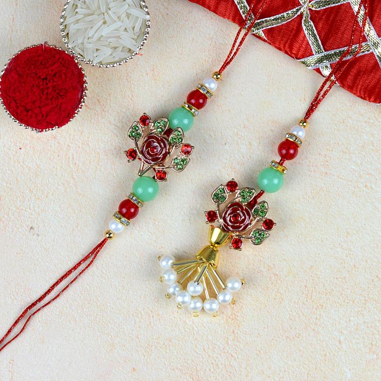 Red and Green Rose Rakhi and Lumba Set