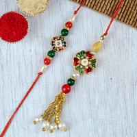 Red & Green Flower Stone Bead Rakhi & Lumba