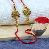 Golden Flower Stones Rakhi and Lumba Pair