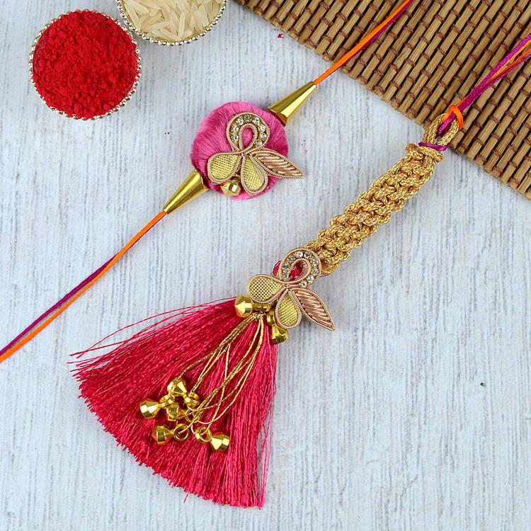 Golden Braid Pink Lumba with Zardozi Rakhi