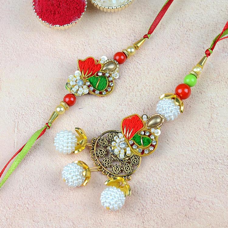 Zardosi Lumba and Rakhi in Red and Green