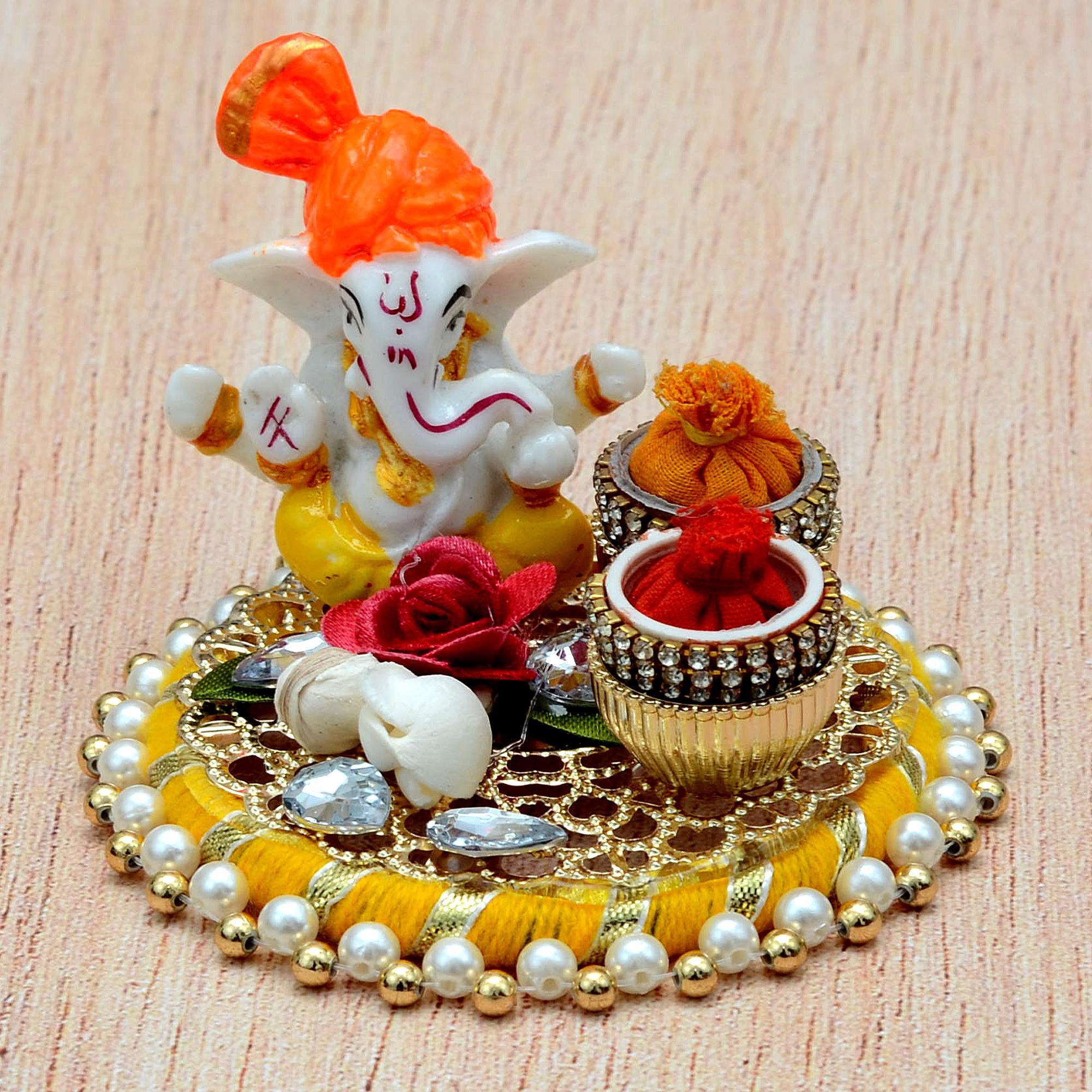 Round GoldenYellow Puja Thali Exclusive Thalis