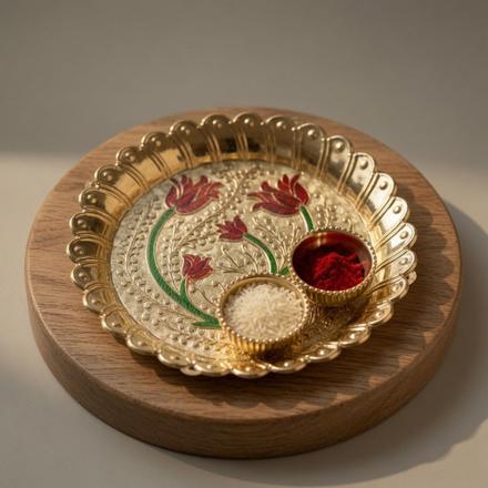 Round Silver-Golden Puja Thali