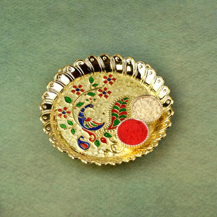 Round Silver-Golden Puja Thali