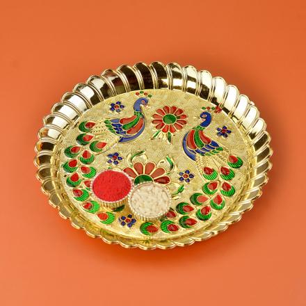 Round Multi-Color Peacock Golden Puja Thali