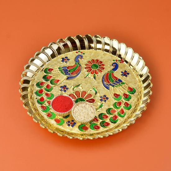 Round Multi-Color Peacock Golden Puja Thali