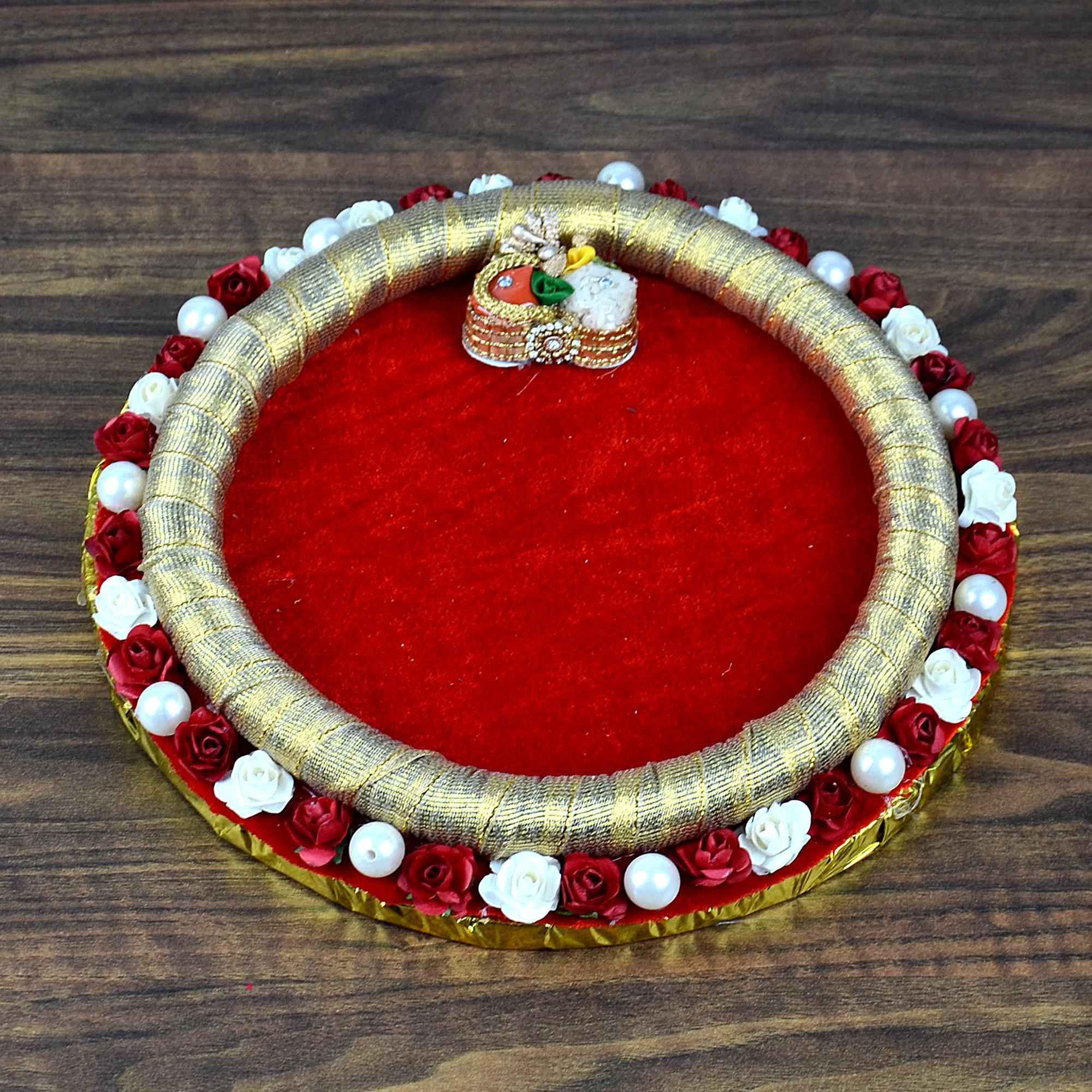 Round Red-Golden Velvet Textured Puja Thali | Exclusive Thalis