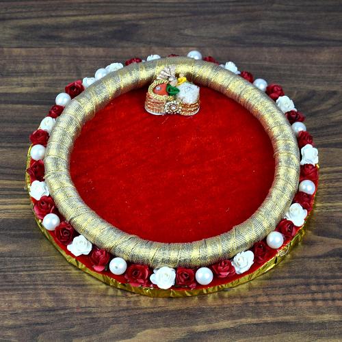 Round Red-Golden Velvet Textured Puja Thali