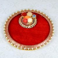 Round Designer Velvet-Textured Puja Thali