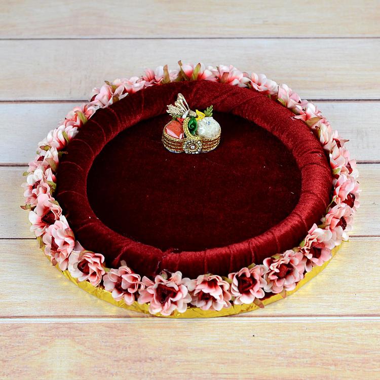 Round Red Velvet Textured Puja Thali
