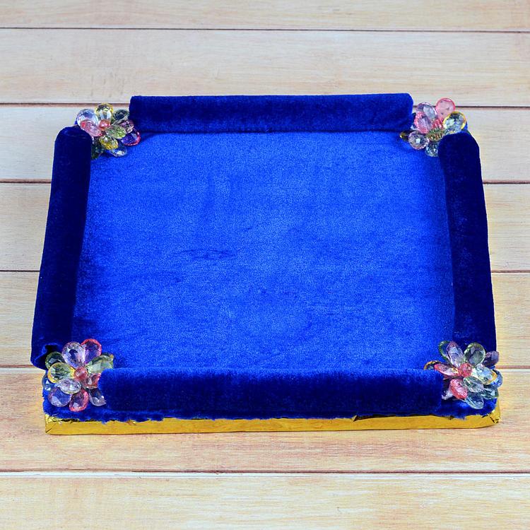 Square Blue Velvet Textured Gift Thali