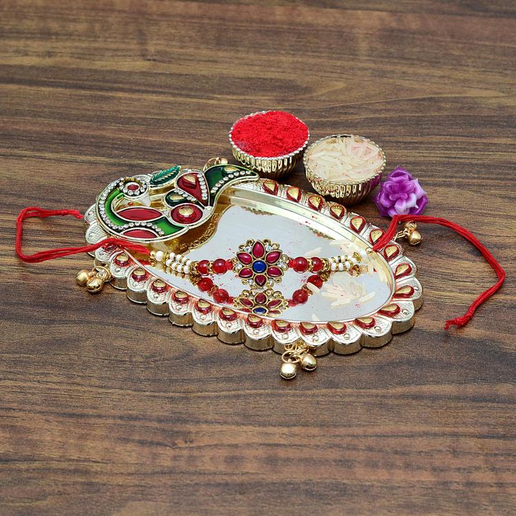 Multicolored Rakhi on Oval Thali With Roli Chawal