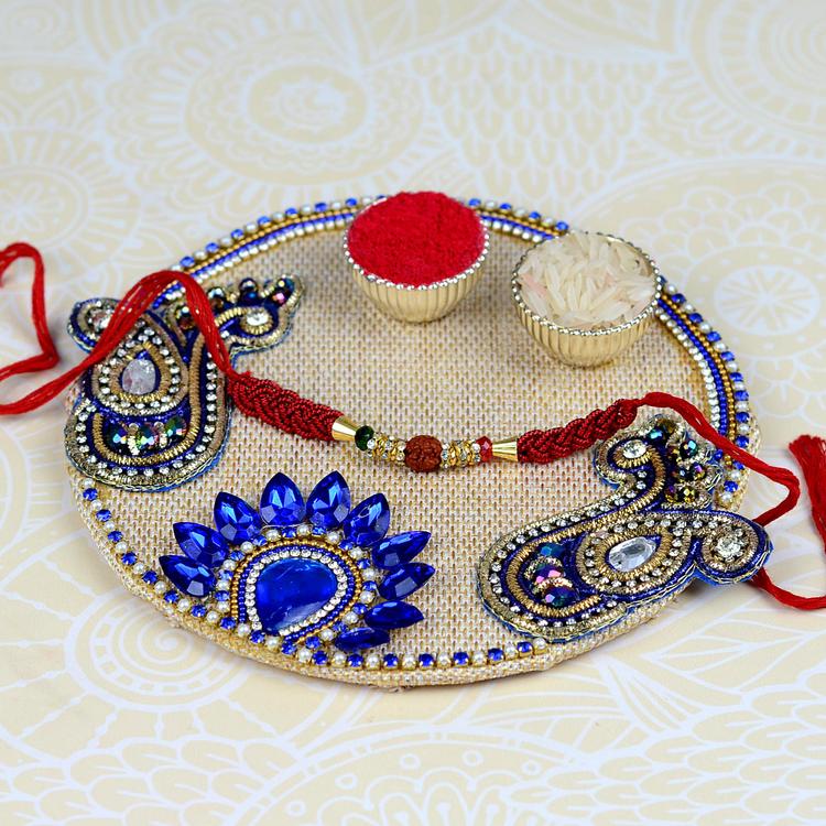 Rudraksha Rakhi & Roli Chawal on Jute Thali