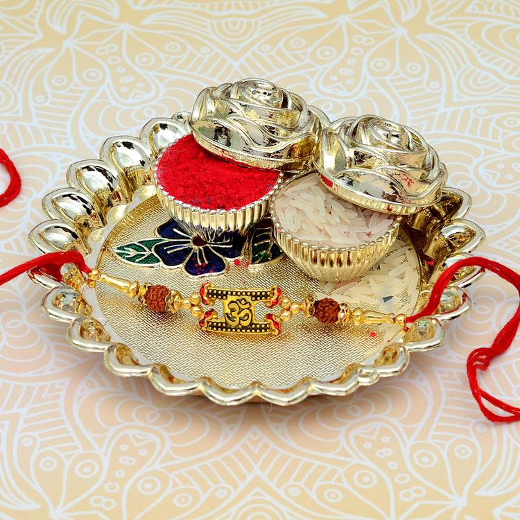 Om Rudraksha Rakhi With Roli Chawal on Floral Thali