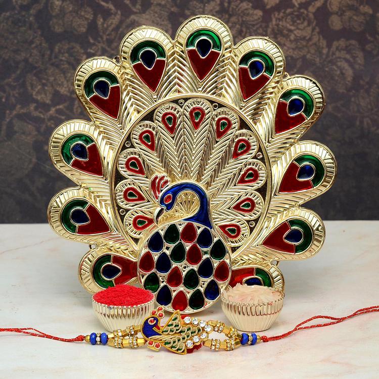 Peacock Rakhi on Peacock Thali & Roli Chawal