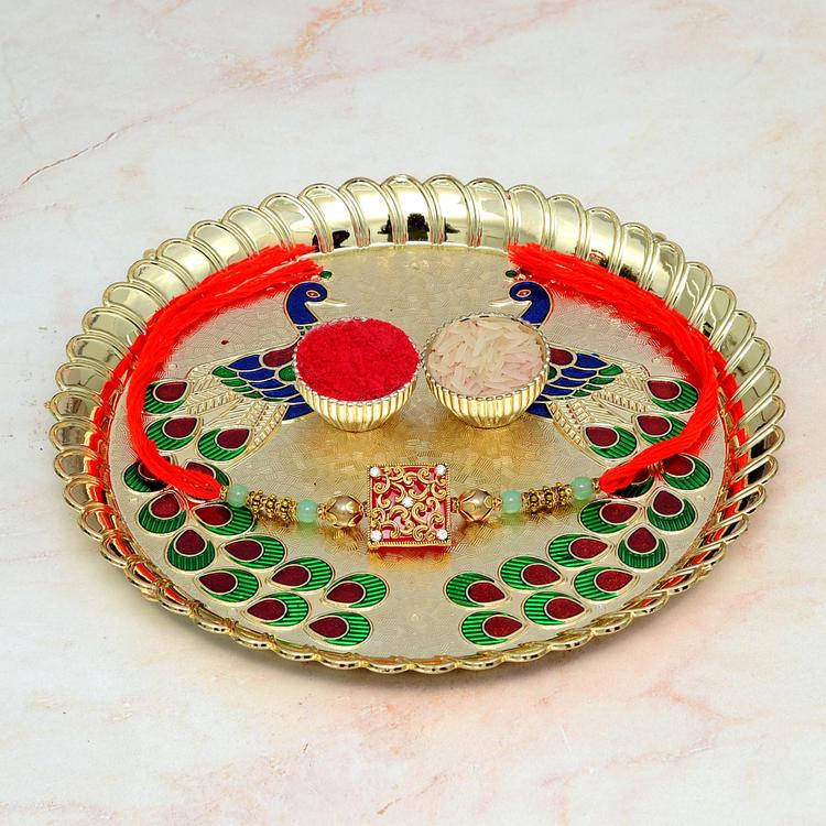 Designer Rakhi With Roli Chawal on Round Thali