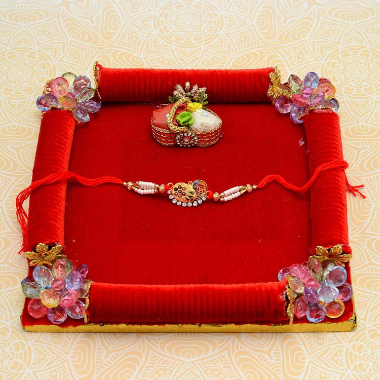 Peacock Moti Rakhi on Square Thali