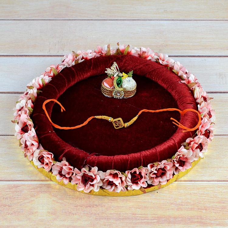 Orange Om Rakhi, Roli Chawal in Thali