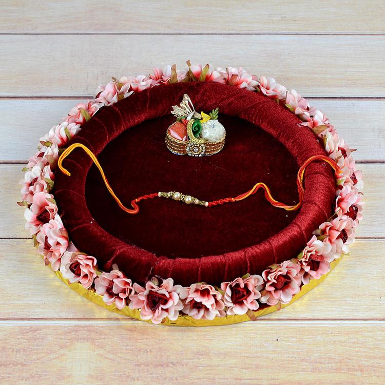 Orange Thread Pearl Rakhi, Roli Chawal in Thali