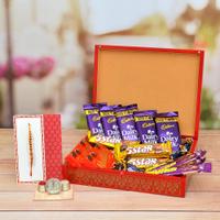 Rich Choco Treat With Rakhi in a Red Flat Box