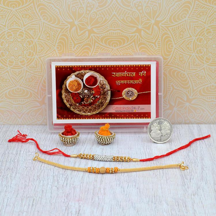 Golden Netted & Gold Silver Bracelet Rakhi Set