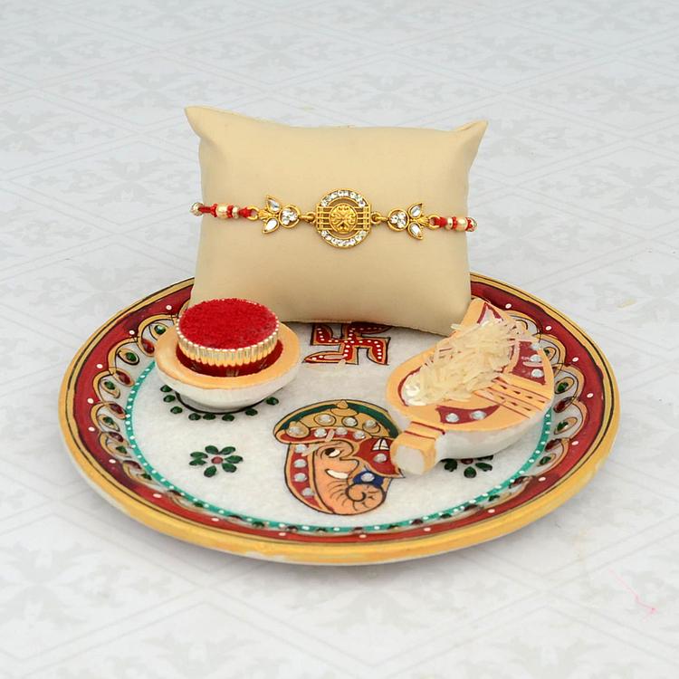 Ganesha Printed Marble Thali & Rakhi In a Box