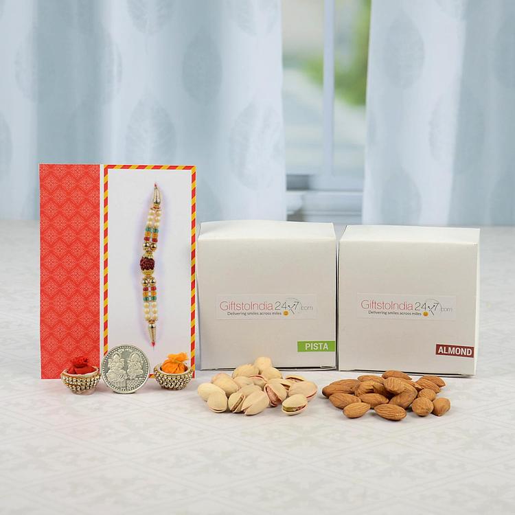 200gm of Pista & Almond With Rudraksh Rakhi