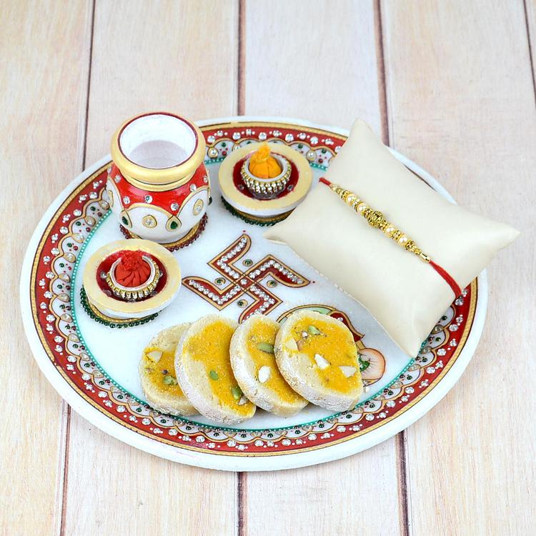 Antique Rakhi with Mawa Fruit Cake in Marbel Thali