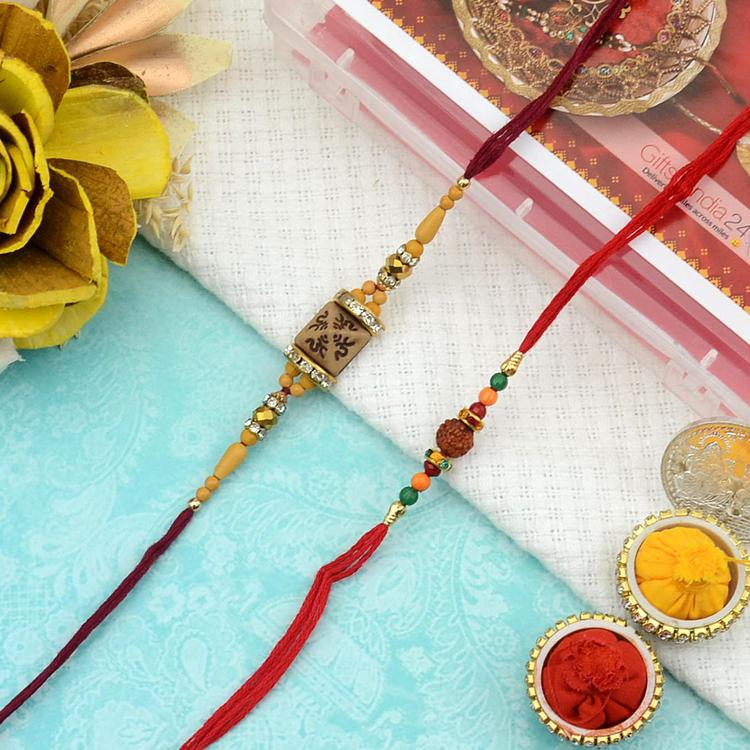 Wooden Om and Rudraksh Red Rakhi Set