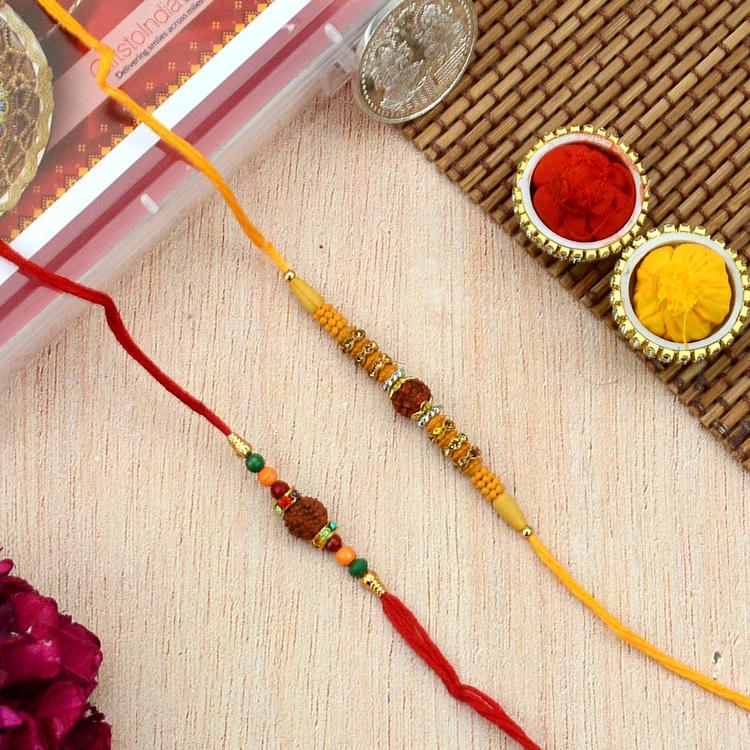 Rudraksh Rakhi Red and Yellow doori Set