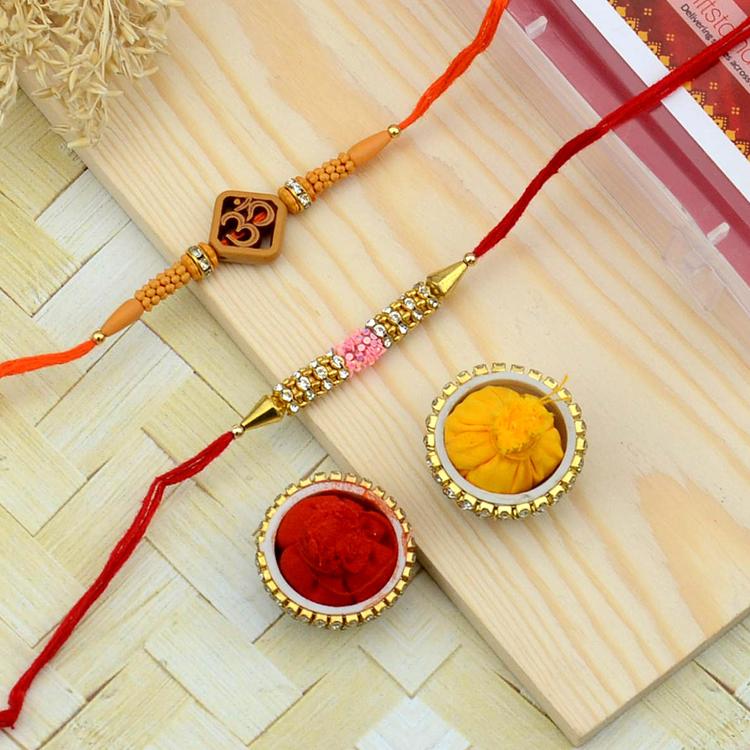 Om and Pink Stone Rakhi Set of 2