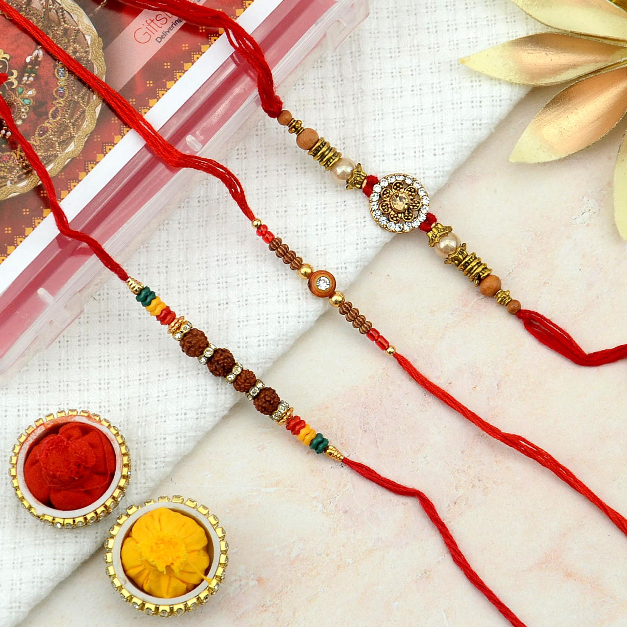 Stone and Rudraksh Ganesha Rakhi Set | Rakhi Sets