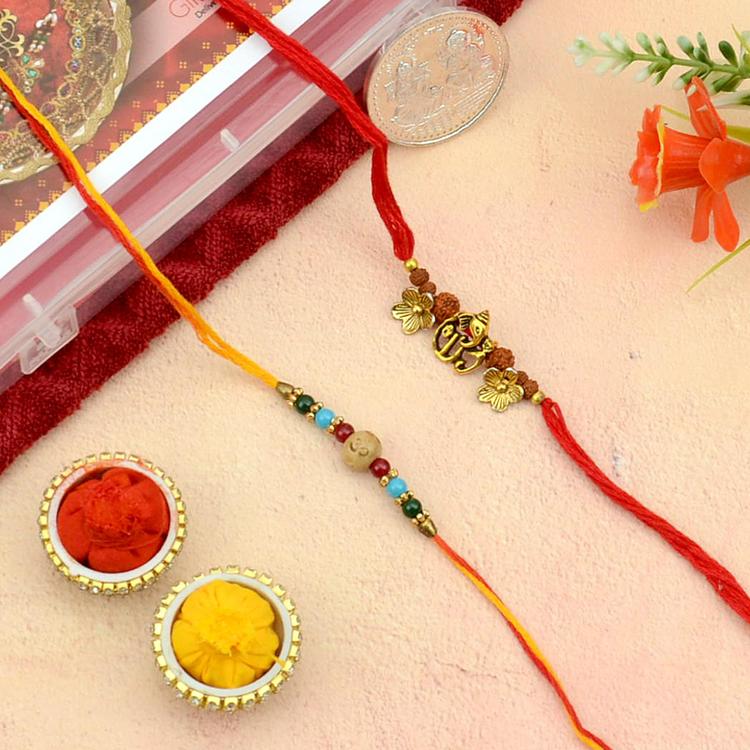 Metal Ganesha and Beads Om Rakhi Set